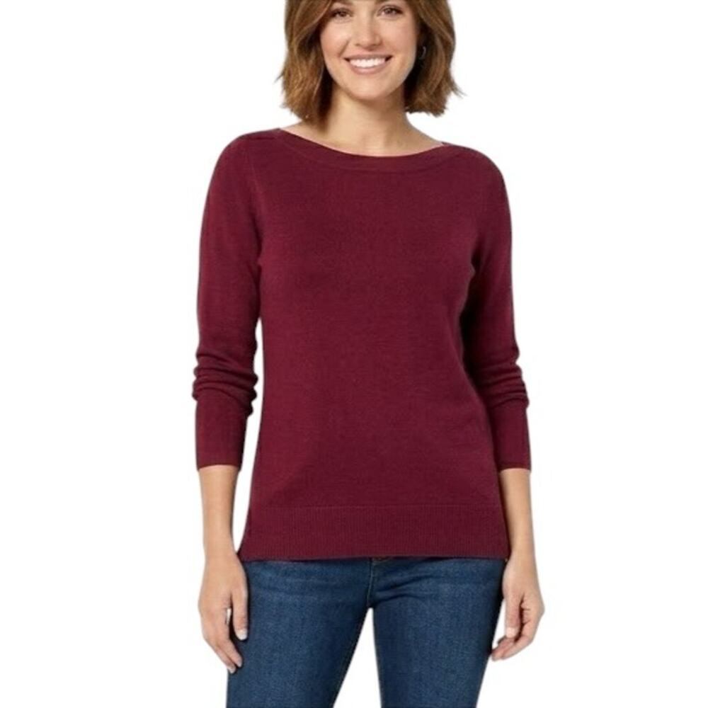 NWT Karen Scott Burgundy Boat Neck Long Sleeve Knit Top Size Small